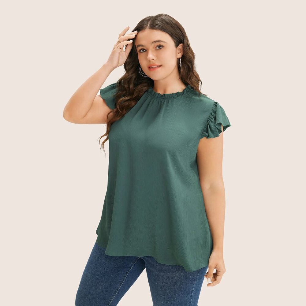 NWT BloomChic Mint Plain Mock Neck Cap Sleeve Ruffle Trim Blouse Size 26/4X - Picture 2 of 10